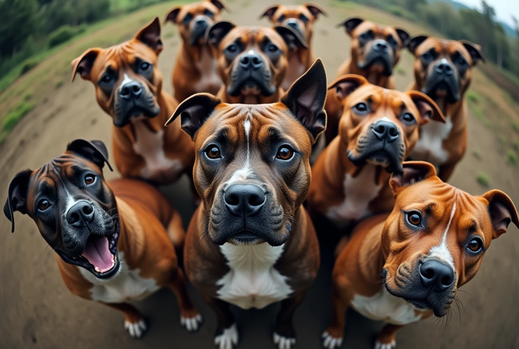 a group of 8 stafford bull terriers are looking at us, photographed with a 12mm wide-angle lens, fisheye style, pohled zeshora vysoké detaily srsti, very sharp, 8k