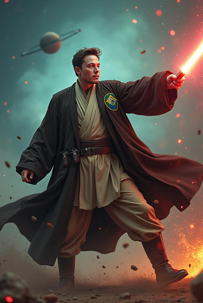 Image of Elon Musk wearing a Star Wars obi outfit with a Brazilian patch kicking VoldemorT away in a battle; insert Voldemort flying away