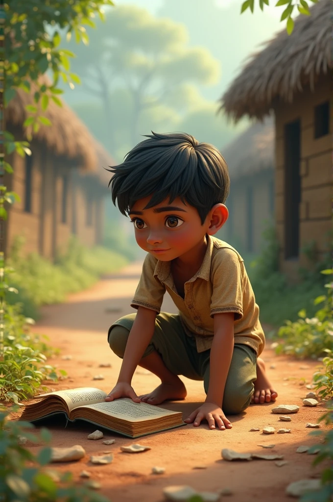 Ramu Finding the Book: An image of Ramu discovering an old book lying on a village path.