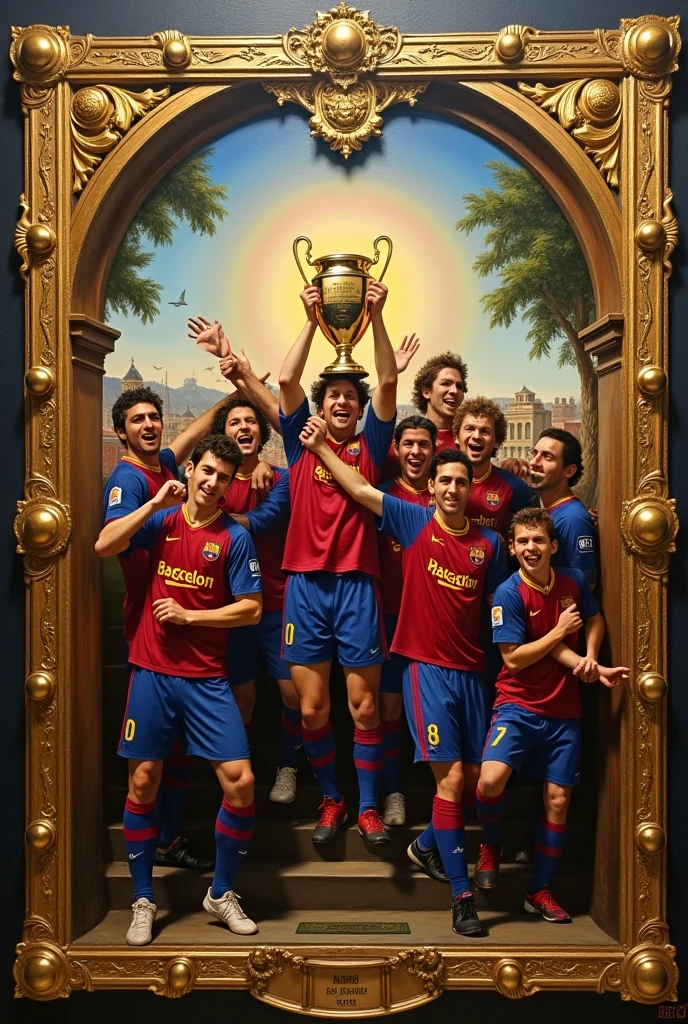 Create a Renaissance-style painting of the 2008 treble/09 of Barcelona 