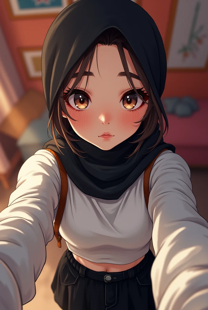 A 1 girl with striking beauty, wearing a black hijab and a white crop top paired with a black mini skirt. She is taking a close-up selfie in her room, with her face almost touching the screen. The close proximity highlights her youthful features and the subtle details of her outfit. Her room has a cozy and personalized touch, adding to the vibrant and lively atmosphere of the illustration.