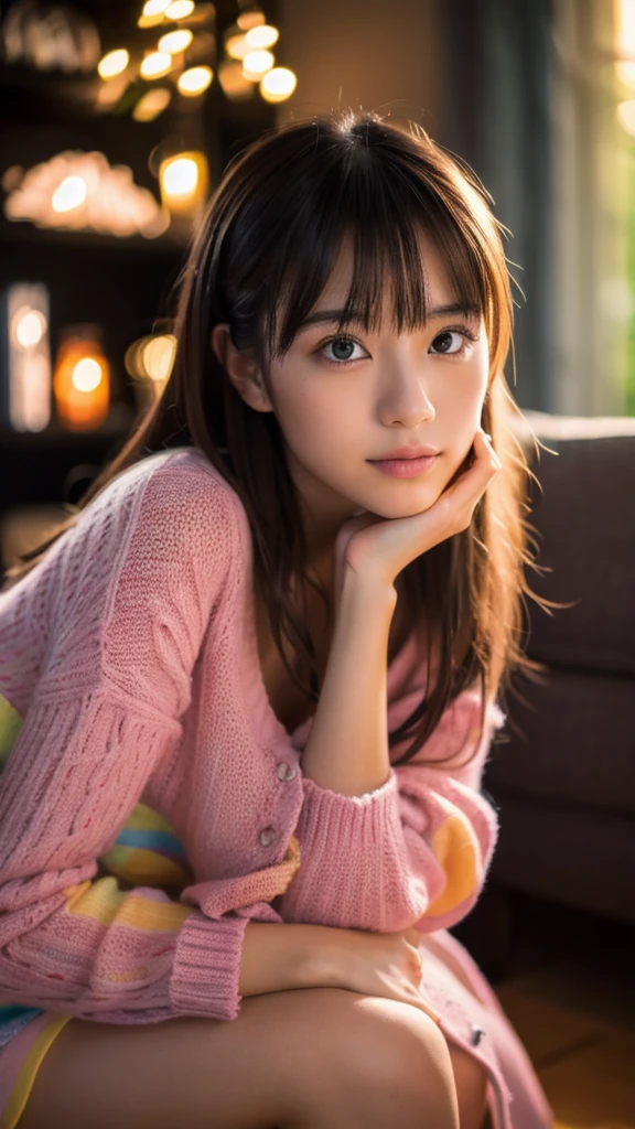 a beautiful young japanese girl relaxing in a living room at night, wearing a non-transparent nightgown, detailed face, (best quality,4k,8k,highres,masterpiece:1.2),ultra-detailed,(realistic,photorealistic,photo-realistic:1.37),HDR,UHD,studio lighting,ultra-fine painting,sharp focus,physically-based rendering,extreme detail description,professional,vivid colors,bokeh,portrait