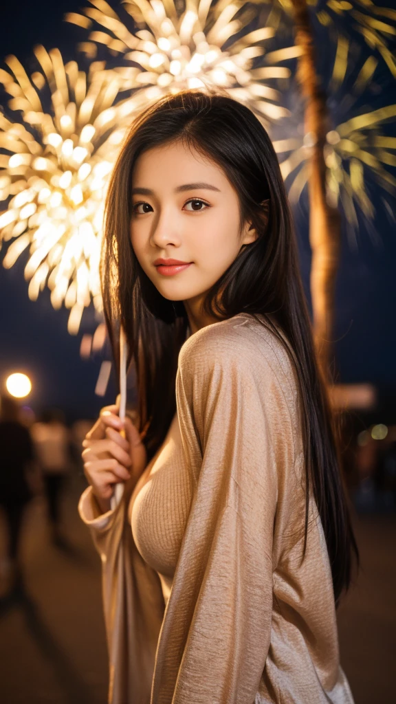 high resolution、Japanese women、Beauty、cute、Brown long hair hairstyle、Small face、Beautiful skin、Large breasts、Reality Stick、night、（Fireworks:1.5）、outside、Sexy pose、Sexy look、Long-sleeved yukata
