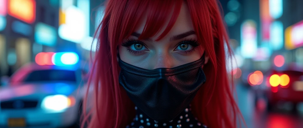 ((Very beautiful girl)), 8k, Young beautiful girl, ((dark red hair)), red long hair, with bangs, complex makeup, big breasts, ((perfect breasts)), ((medical mask on mouth)), black medical leather mask, ((big expressive black eyes)), big eyes, ideally beautiful girl, jewelry, glitter, ((perfect hands)) glowing belt, ((in cyber suit)), Background: neon, night, Washington, city, police car lots of details, first person, close-up, neon lighting, contour neon lighting,
