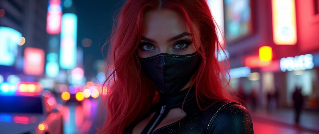 ((Very beautiful girl)), 8k, Young beautiful girl, ((dark red hair)), red long hair, with bangs, complex makeup, big breasts, ((perfect breasts)), ((medical mask on mouth)), black medical leather mask, ((big expressive black eyes)), big eyes, ideally beautiful girl, jewelry, glitter, ((perfect hands)) glowing belt, ((in cyber suit)), Background: neon, night, Washington, city, police car lots of details, first person, close-up, neon lighting, contour neon lighting,