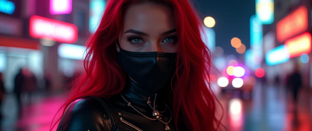 ((Very beautiful girl)), 8k, Young beautiful girl, ((dark red hair)), red long hair, with bangs, complex makeup, big breasts, ((perfect breasts)), ((medical mask on mouth)), black medical leather mask, ((big expressive black eyes)), big eyes, ideally beautiful girl, jewelry, glitter, ((perfect hands)) beautiful perfect figure, glowing belt, ((in cyber suit)), Background: neon, night, Washington, city, police car lots of details, neon lighting, contour neon lighting, ((sitting on road)),