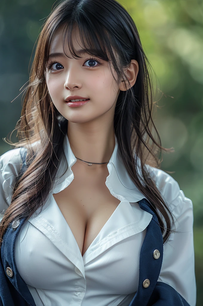 long neck,full_body,mini skirt,tall stature,(sailor uniform:1.2),(huge breast,cleavage,gigantic breast:1.2),natural make,beautiful face,smile,bob,(Highly detailed face and skin texture:1.4),(solo:1.3), best quality ,masterpiece,ultra high res,(photo realistic:1.3),(8k uhd,RAW photo:1.2),35mm lens, f/1,(Detailed eyes:1.2), Double eyelid