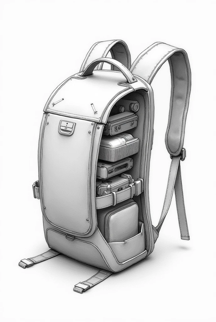 a sketch of a transformable multifunctional backpack ,with internal led light a sketch drawn with pencil, to look inside, all its parts