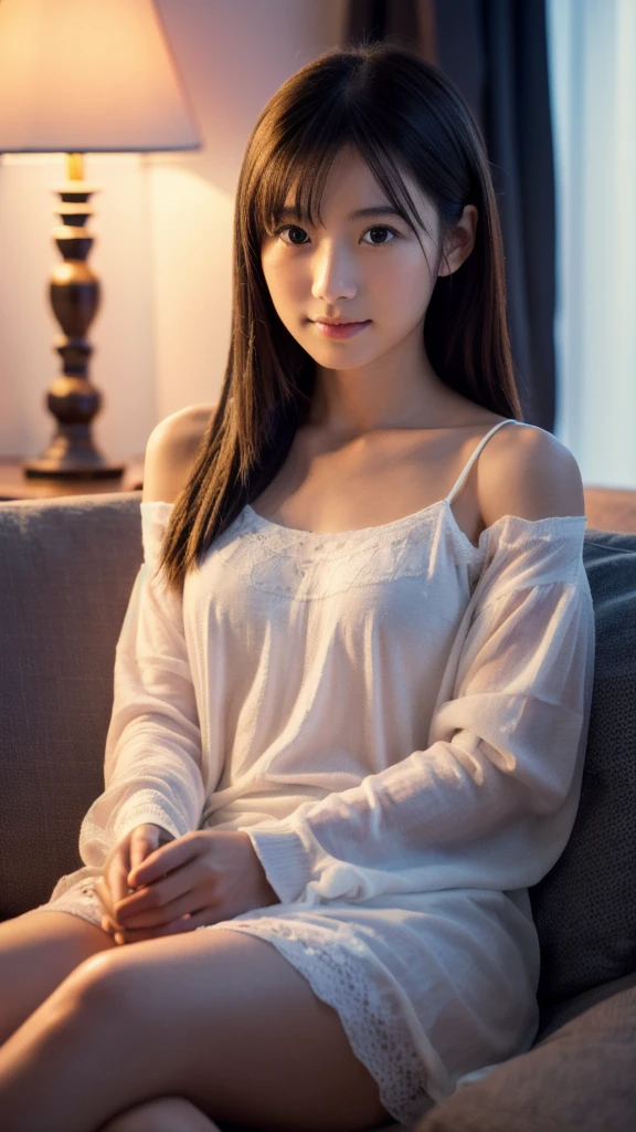 a beautiful young japanese girl relaxing in a living room at night, wearing a non-transparent nightgown, detailed face, (best quality,4k,8k,highres,masterpiece:1.2),ultra-detailed,(realistic,photorealistic,photo-realistic:1.37),HDR,UHD,studio lighting,ultra-fine painting,sharp focus,physically-based rendering,extreme detail description,professional,vivid colors,bokeh,portrait
