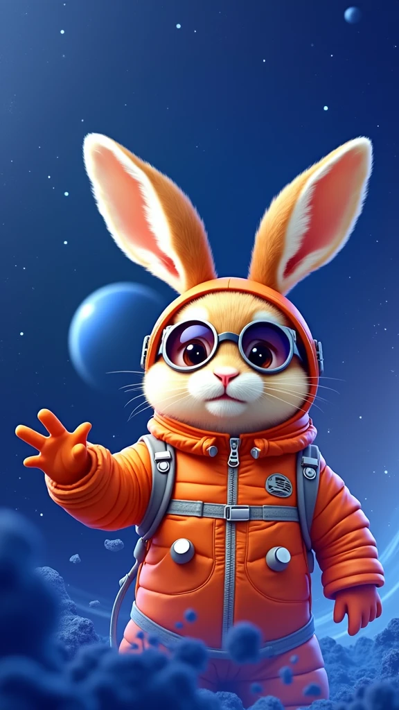 A full-body hare in a spacesuit and with realistic warning glasses