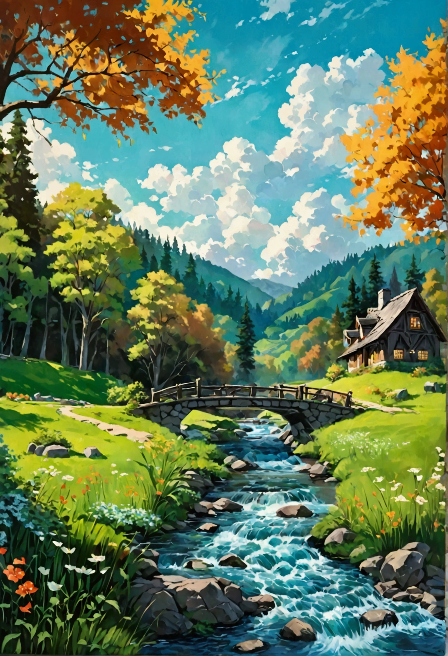 A painting of a peaceful countryside scene with a winding river flowing through a lush green meadow. A stone bridge crosses the river, leading to a charming wooden house nestled among tall trees. The sky is blue with fluffy white clouds.