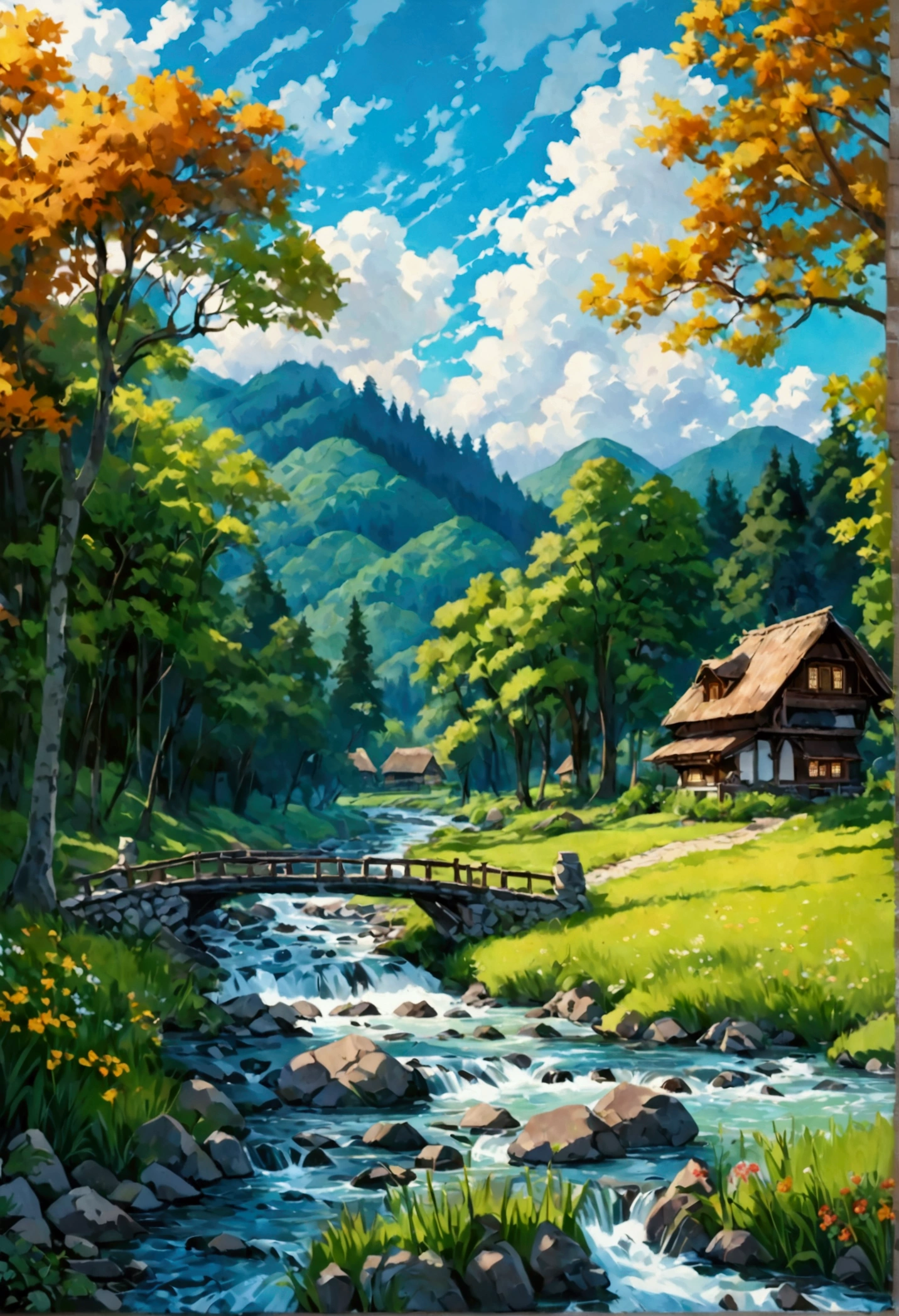 A painting of a peaceful countryside scene with a winding river flowing through a lush green meadow. A stone bridge crosses the river, leading to a charming wooden house nestled among tall trees. The sky is blue with fluffy white clouds.