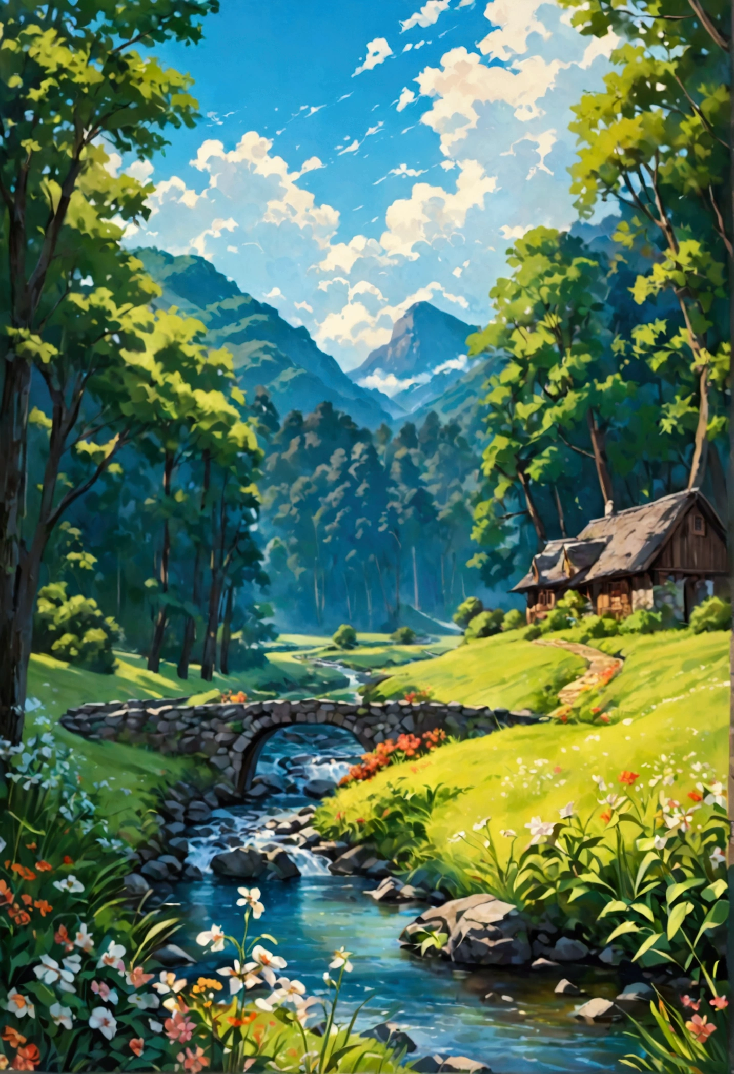 A painting of a peaceful countryside scene with a winding river flowing through a lush green meadow. A stone bridge crosses the river, leading to a charming wooden house nestled among tall trees. The sky is blue with fluffy white clouds.