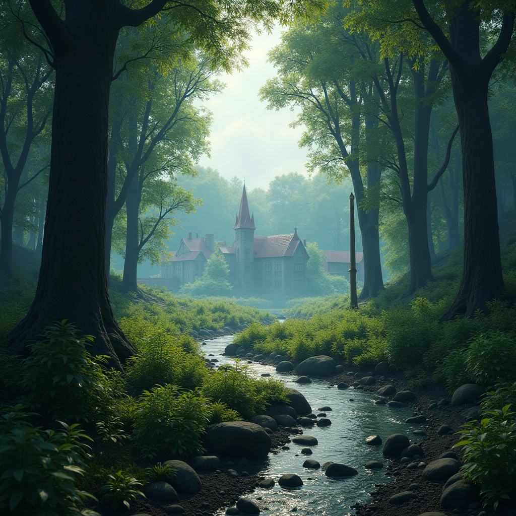 Forest trail, ground level, river following trail, town in the distance, Gothic art, ray tracing, masterpiece, accurate, super detail, high details, highres, 1080P, HD, 4K, 8k, 16k, best quality