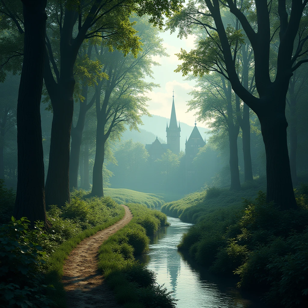 Forest trail, ground level, river following trail, town in the distance, Gothic art, ray tracing, masterpiece, accurate, super detail, high details, highres, 1080P, HD, 4K, 8k, 16k, best quality