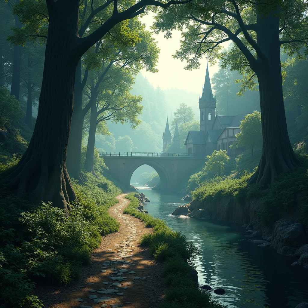 Forest trail, ground level, river following trail, town in the distance, Gothic art, ray tracing, masterpiece, accurate, super detail, high details, highres, 1080P, HD, 4K, 8k, 16k, best quality