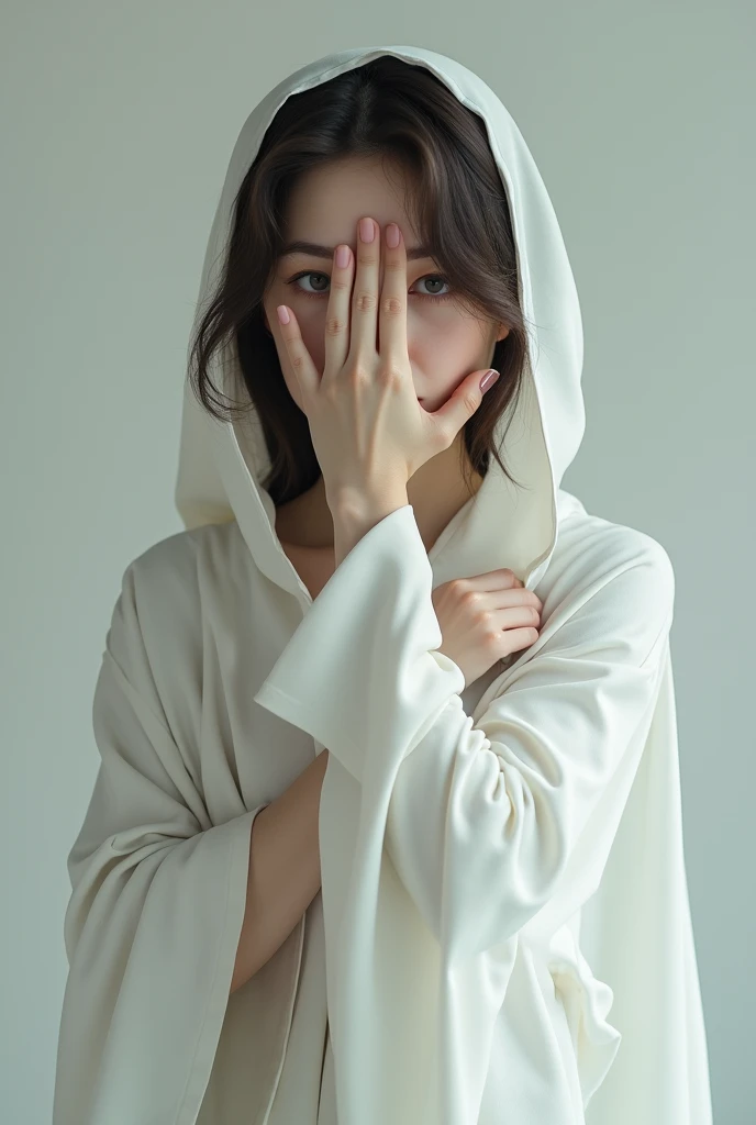 A lovely woman,Wearing a white cloak,, Dramatically covering her eyes with one hand