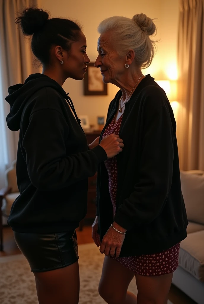 black woman hair in a bun black hoodie black leather short shorts getting fucked in the ass by a old age white grandma in a dress in a living room