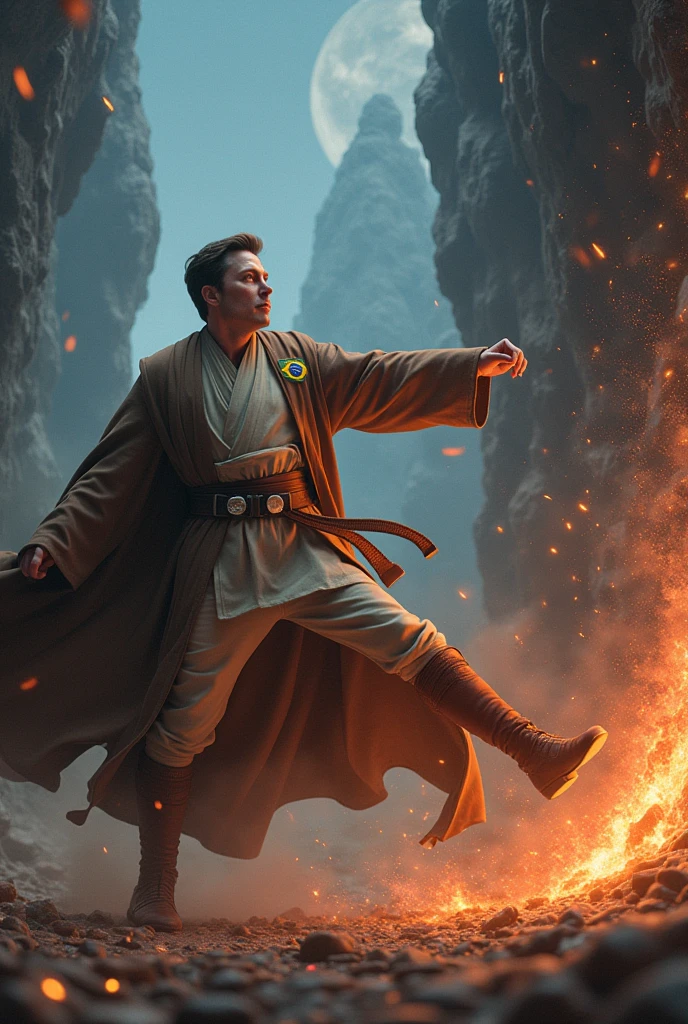 Image of Elon Musk wearing a Star Wars obi outfit with a Brazilian patch kicking VoldemorT away in a battle; insert Voldemort flying away