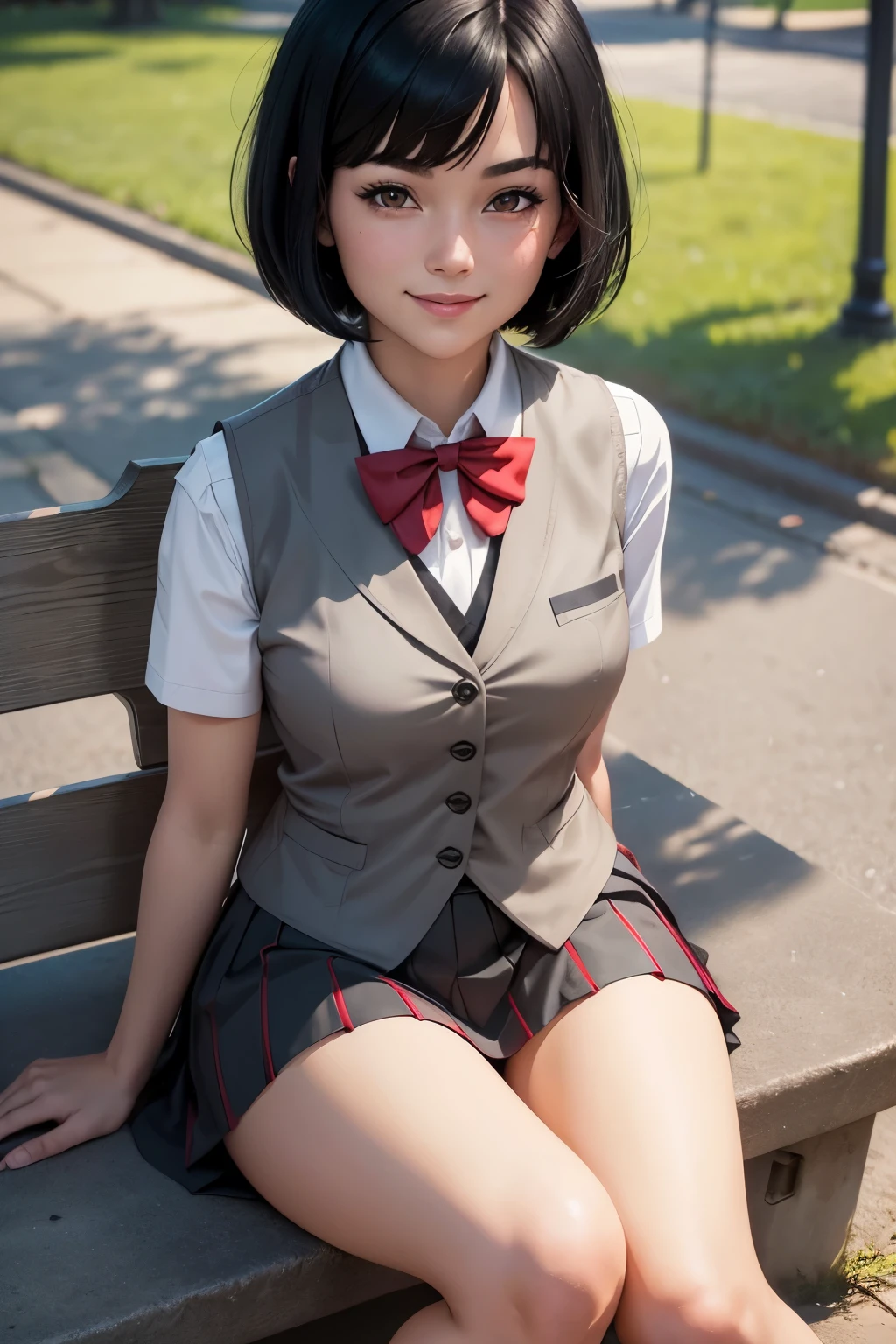 Graphic novel style, 1 stunningly beautiful college girl, smiling, blushing, short black hair, bob cut, wearing a Japanese school uniform, red eyes, 1, ((short black skirt)), toned legs, red bow, ((light gray closed vest)), in the park, (((Sitting)))