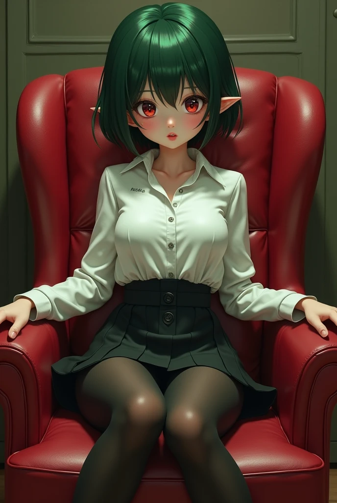 A detailed, photorealistic portrait of a shy, short green-skinned girl with pointy ears, wearing a white button-down shirt, black skirt, black pantyhose and black pumps, with short dark green hair, sitting in a red leather chair, legs together, with plump and large breasts, pouty lips, and covered in cumshots, performing fellatio with an open mouth and pierced nipples, masterpiece, best quality, extremely detailed, vivid colors, physically-based rendering, professional, ultra-fine painting, sharp focus, studio lighting, 4k, 8k, highres