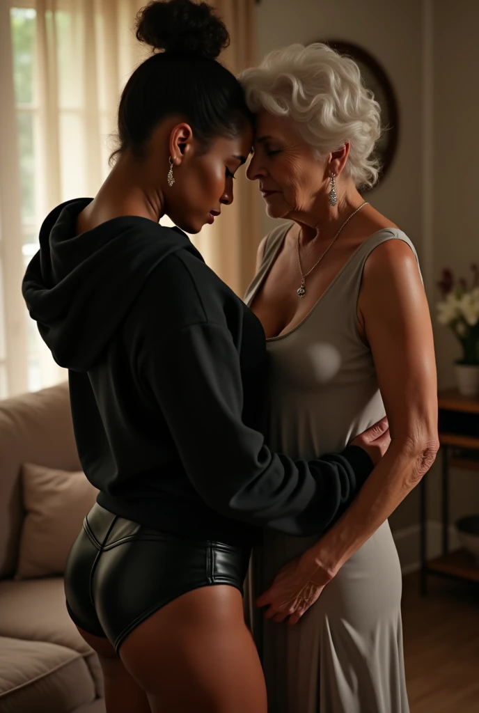 black woman hair in a bun black hoodie black leather short shorts getting fucked in the ass by a old age white grandma in a dress in a living room\
