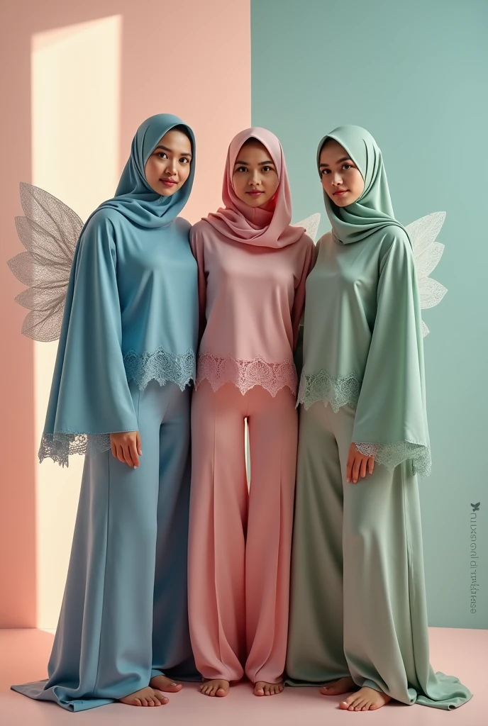 Three radiant Malay girls, each donning a hijab in vibrant yet harmonious shades of blue, pink, and green, standing side by side in an elegant pose. Their underwear, which is the focal point of the poster, is tastefully obscured yet subtly highlighted by the soft, flowing fabric of their pastel-colored outfits. The underwear, designed with intricate lace detailing and matching the color schemes of their hijabs, peeks out just enough to reveal the brand's logo - a stylized lotus flower symbolizing purity and beauty. Each girl exudes self-confidence and a sense of empowerment with their heads held high and their eyes meeting the viewer's gaze, embodying the brand's message of embracing one's natural beauty. The background is a serene blend of pastel tones, creating a soft and inviting atmosphere. The tagline "Embrace Your Radiance" in elegant script floats above their heads, encapsulating the essence of the brand. The overall composition is clean and sophisticated, with strategic use of light and shadow to enhance the texture and comfort of the garments. The girls stand in front of a full-length mirror, reflecting their inner and outer beauty, and a small call-to-action at the bottom of the poster reads "Find Your Perfect Fit Today." The reflection in the mirror shows the same three girls but with their inner selves wearing wings made of the same fabric as their underwear, symbolizing the freedom and confidence that comes from wearing comfortable and stylish lingerie. The poster exudes a strong sense of sisterhood and self-love, encouraging the audience to feel beautiful and powerful in their own skin, regardless of cultural or religious norms.