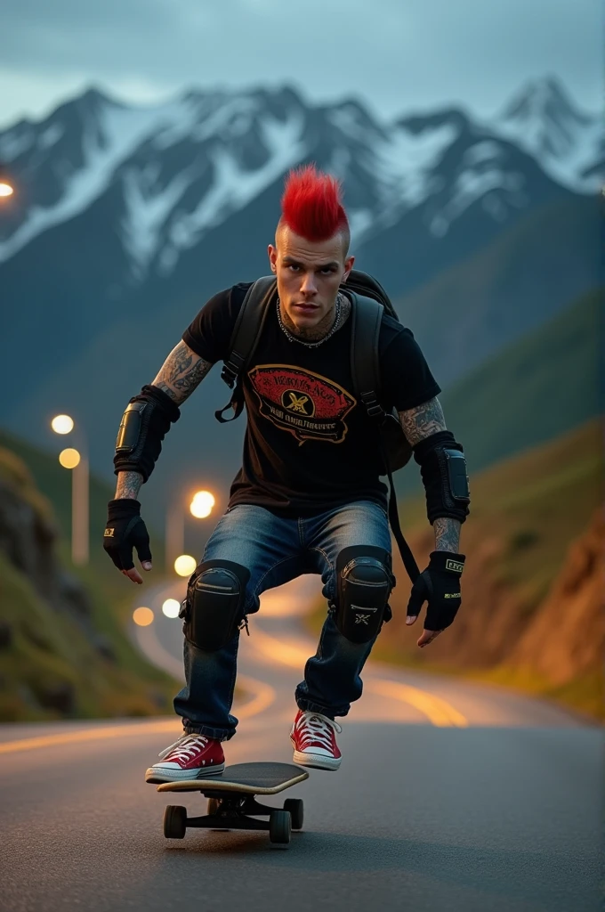 a young Punk skateboarding with red mohawk and upturned jacket covered in tattoos on his arms, confidently riding a skateboard down a winding mountain road ferry fast, framed by the night golden light of the street. He is wearing a black t-shirt with a vintage VAN logo on his chest and a bag on his back, and denims jeans and use red converse shoes. The man look at the camera, his hands protected by black gloves, adding a personal touch to the thrilling scene. He also wears knee and elbow pads, ensuring safety as he navigates the turns with ease. The background is midnight lanscape features rolling green hills and snow-capped mountains in the distance, creating a stunning contrast to the rider’s dynamic movements, amplifying the excitement. In the distance. The image exudes the thrill of downhill skateboarding, the beauty of the natural scenery, and the fearless energy of the rider, with an Instagram-worthy night atmosphere.