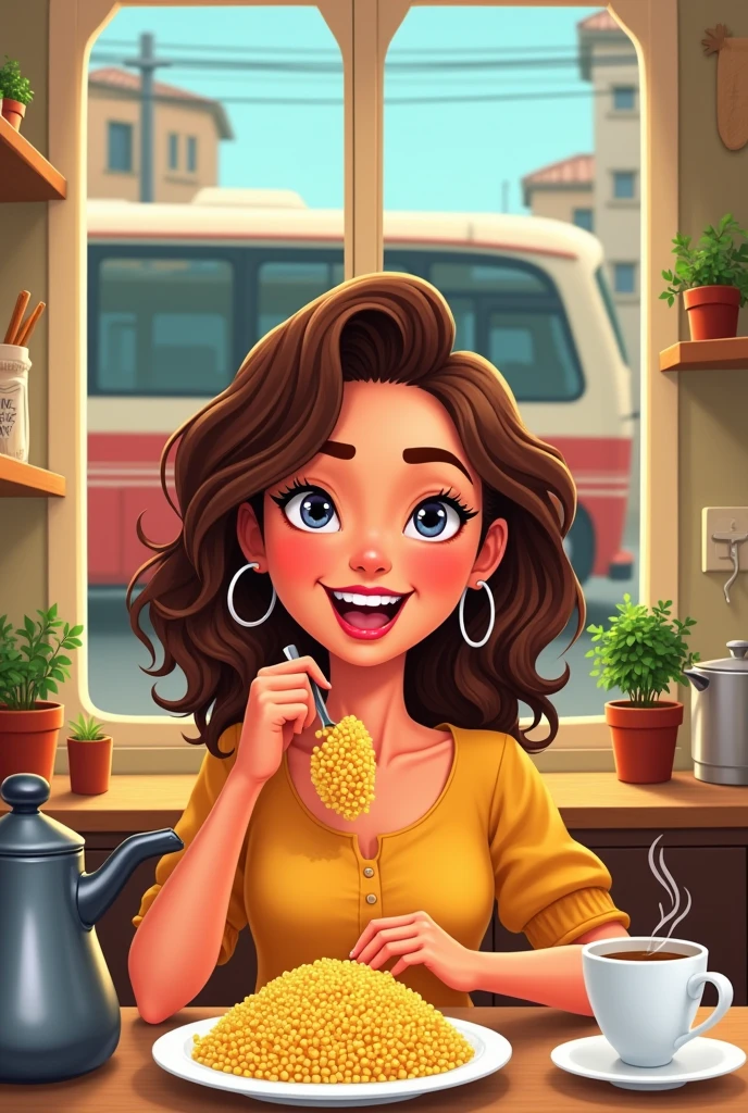 Cartoon style brown haired woman eating couscous in her kitchen where she has a cup and pot of coffee ,Through the window we can clearly see a bus passing by with the license plate LESMÃO de F.c.