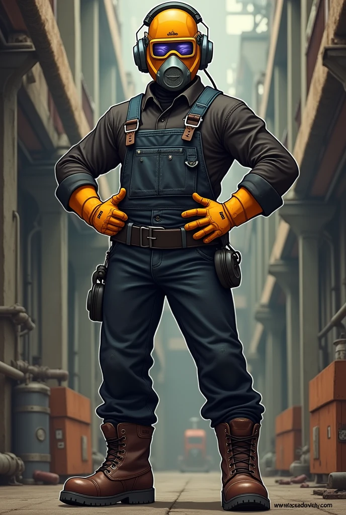 Ave fenix, with welding mask on head, safety glasses, ear plugs, Security boots, gloves, black overalls and black long-sleeved shirt, cheered up, with one hand on the waist and the other with the thumb up with pipe on the sides

