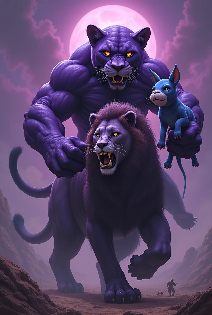 Create a super hyper muscular and evil purple panther riding a weak lion holding a cute and defenseless blue donkey in the right hand and in the left hand a cute and defenseless capybara