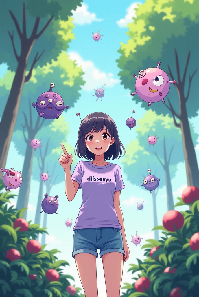 Anime girl with short jeans, Light purple t-shirt with the text “dissenyu” in black, by the wide, seeds, chestnut, admiring artificial intelligence as if it were a universe yet to be discovered, with cartoons and phrases about artificial intelligence, about artificial intelligence and the girl pointing her fingers at them. Use lilac and light green colors.