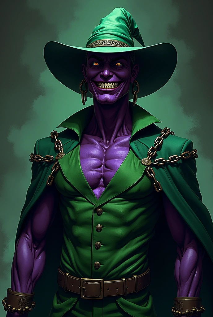 A DC comics style image of a super villain named Gobil. He has purple skin and a green outfit with a pointed hat. His eyes are wild and he has an evil grin. He has a muscular but slender build and chains on his arms. The image has a dark and ominous mood.