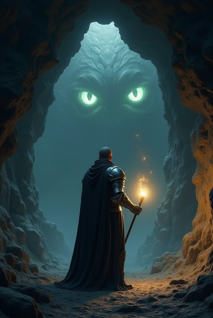 A knight sits at the door of a cave holding a torch looking at two huge glowing eyes inside
