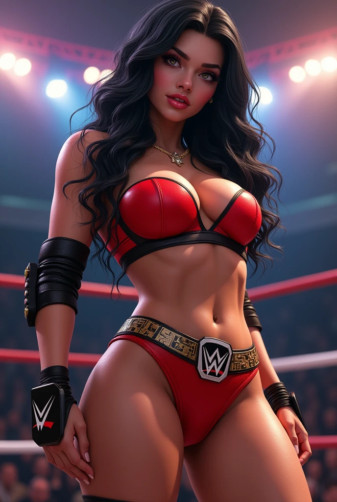 Sexy beautiful wrestler diva busty big tits huge boobs perky fake tits bubble booty black hair bright lingerie full lips in a ring with logo wwe championship belt. knee pads, elbow pads. Bimbo with big silicone boobs lips and ass, slim waist. cowboy shot, masterpiece, detailed, Ultra realistic image, HD, highest quality