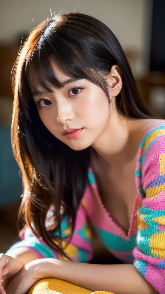 a beautiful young japanese girl relaxing in a living room at night, wearing a non-transparent nightgown, detailed face, (best quality,4k,8k,highres,masterpiece:1.2),ultra-detailed,(realistic,photorealistic,photo-realistic:1.37),HDR,UHD,studio lighting,ultra-fine painting,sharp focus,physically-based rendering,extreme detail description,professional,vivid colors,bokeh,portrait