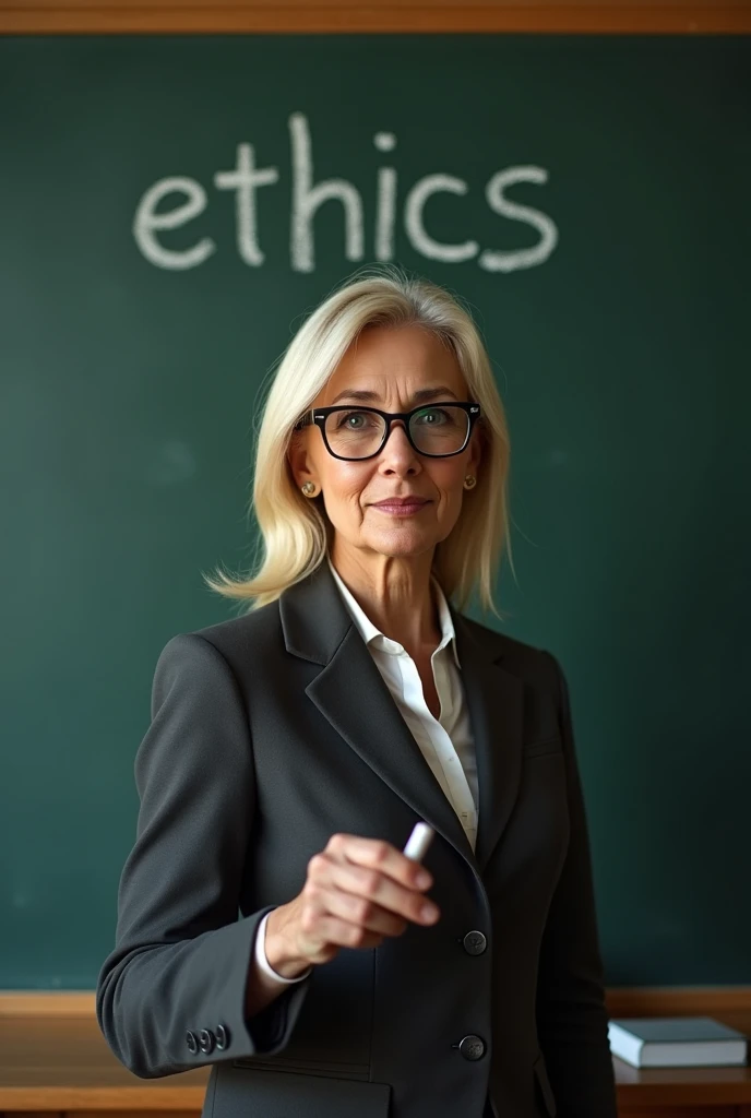 Half aged woman, blonde, with hair at medium height, wears glasses and looks like Bolsonaro with a wig. Teaching in front of a blackboard, writing the word: ethics