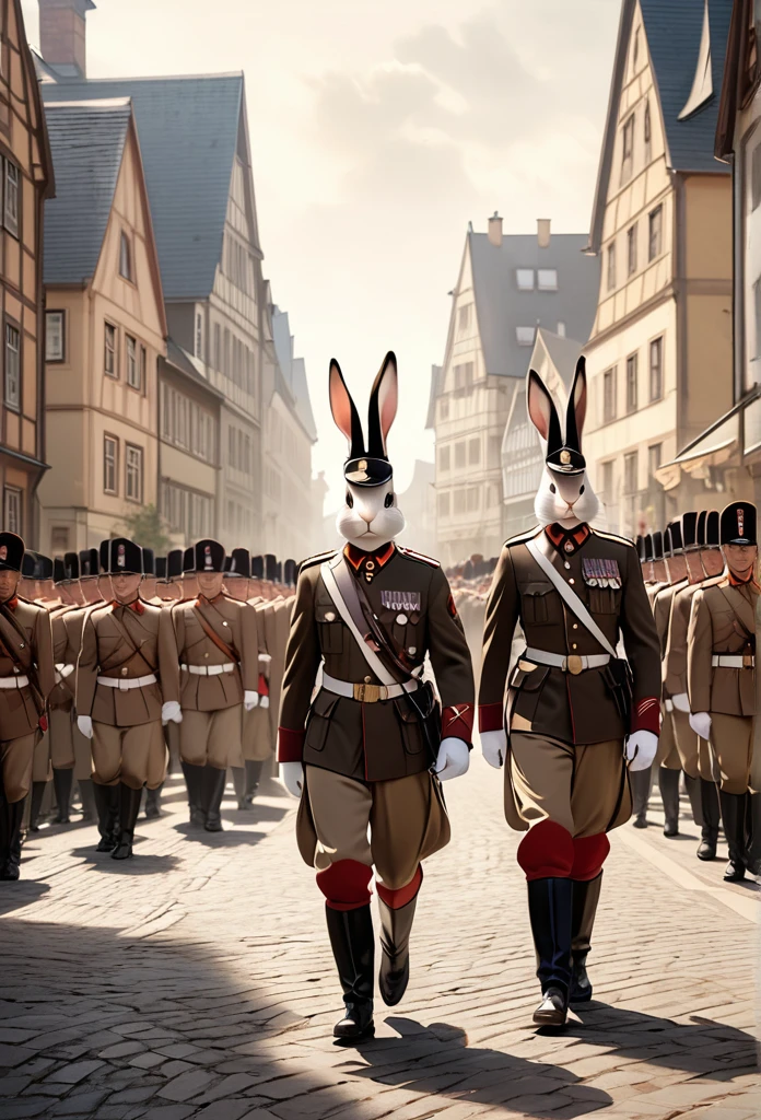 A very old sepia photograph、A rabbit watches the soldiers march、Former German soldiers march in formation down a beautiful street in Germany、The soldiers look desperate、、Focused shot of a rabbit、
、Realistic、フォトRealistic、Masterpiece、Best Quality、4K,8k.Ultra Detail、Ultra-fine painting、Physically Based Rendering、Professional photo resolution、Award-winning photography、