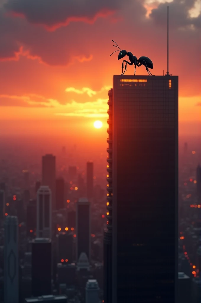 Black ant standing in top of building in sun set