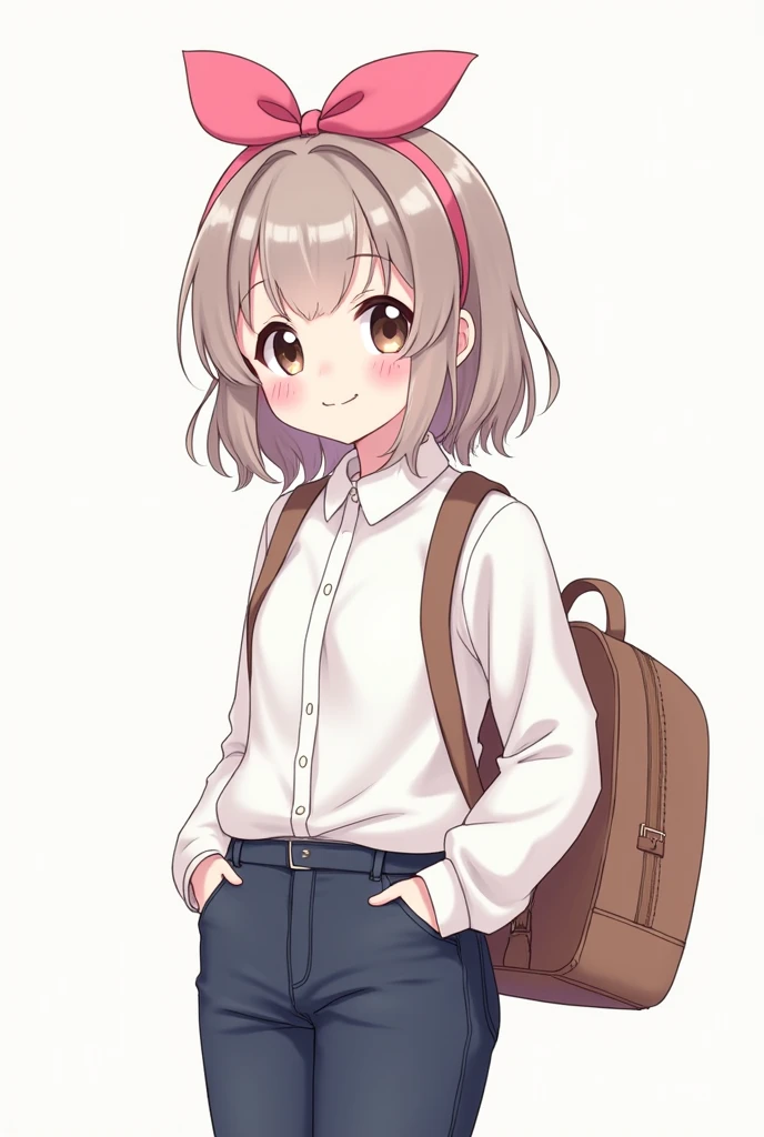 Create an image of a man with Japanese eyes, with low wavy hair, with a white shirt and dark blue jeans, with a backpack, and with a pink bow on her head, all cute.
