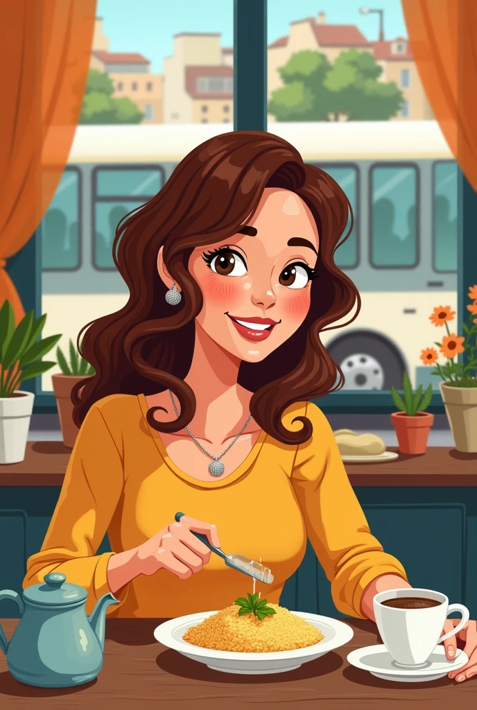 Cartoon style brown haired woman eating couscous in her kitchen where she has a cup and pot of coffee ,Through the window we can clearly see a bus passing by with the license plate LESMÃO de F.c.