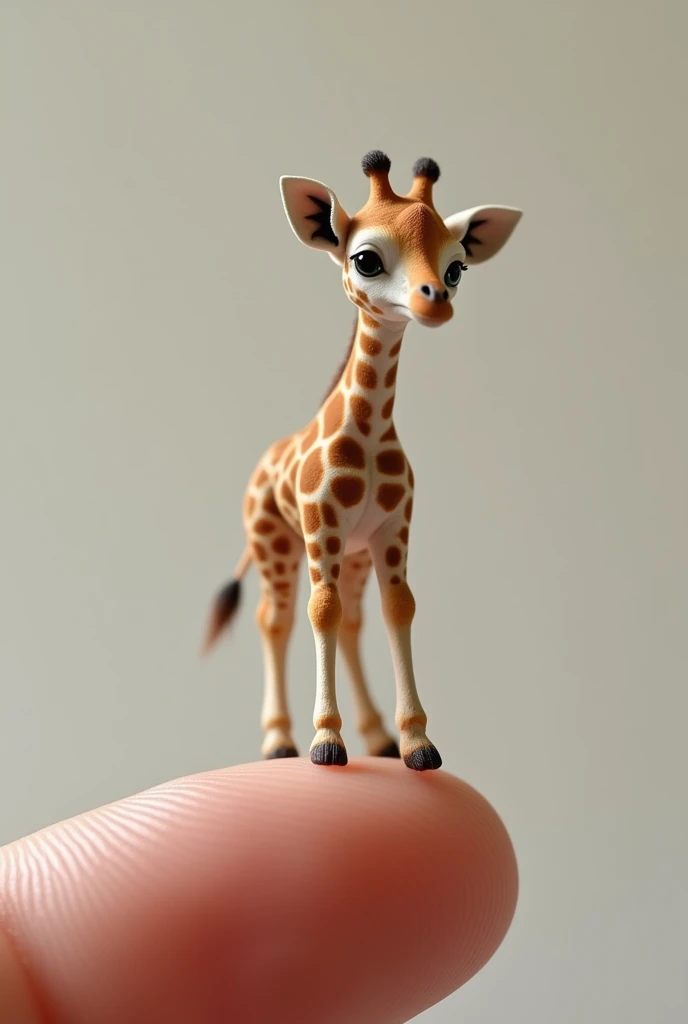 ((masterpiece, best quality, ultra detailed, 8K, photorealistic, hyperrealistic photo)), Photorealistic, 8k, Micro Tiny baby [girafa] perched on a human finger