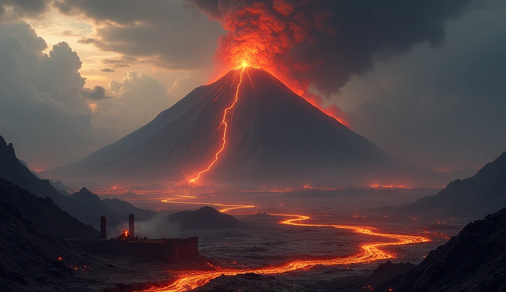 Un volcan gigantesque domine l'horizon, crachant des torrents de lave incandescente qui dévalent ses flancs en traînées rougeoyantes. Le ciel est obscurci par des nuages de cendres épaisses, qui tourbillonnent et se mêlent à la fumée noire, créant un voile sombre sur le monde en dessous. Des éclairs rouges et dorés éclatent dans ces nuages tourmentés, illuminant brièvement les alentours d'une lumière surnaturelle.

Au pied du volcan, la terre est fissurée et brûlée, marquée par les cicatrices des précédentes éruptions. Des rivières de lave serpentent à travers un paysage désolé, où autrefois se trouvait une forêt luxuriante. Les arbres, maintenant réduits à des silhouettes carbonisées, se dressent tels des spectres, témoins silencieux de la destruction. Parmi ces arbres morts, des geysers de vapeur s'échappent du sol, sifflant avec force, ajoutant une symphonie de sons inquiétants à l'ambiance déjà oppressante.

Près de la base du volcan, d'anciennes ruines sont à moitié ensevelies sous des couches de cendres. Les vestiges d'une civilisation disparue, peut-être anéantie par la fureur du volcan, se devinent à travers les débris : des colonnes brisées, des statues déformées par la chaleur, et des inscriptions effacées par le temps. Ces ruines racontent l'histoire d'une lutte contre les forces implacables de la nature, une bataille perdue depuis longtemps.

Le volcan, toujours actif, semble murmurer des récits anciens de puissance et de terreur. Chaque éruption est comme une voix venant du passé, rappelant la fragilité de la vie face à la force brute de la nature. L'ensemble du décor est empreint d'une atmosphère lourde de mystère et de mélancolie, où chaque élément raconte l'histoire d'un monde en perpétuelle transformation, sculpté par le feu et la cendre.