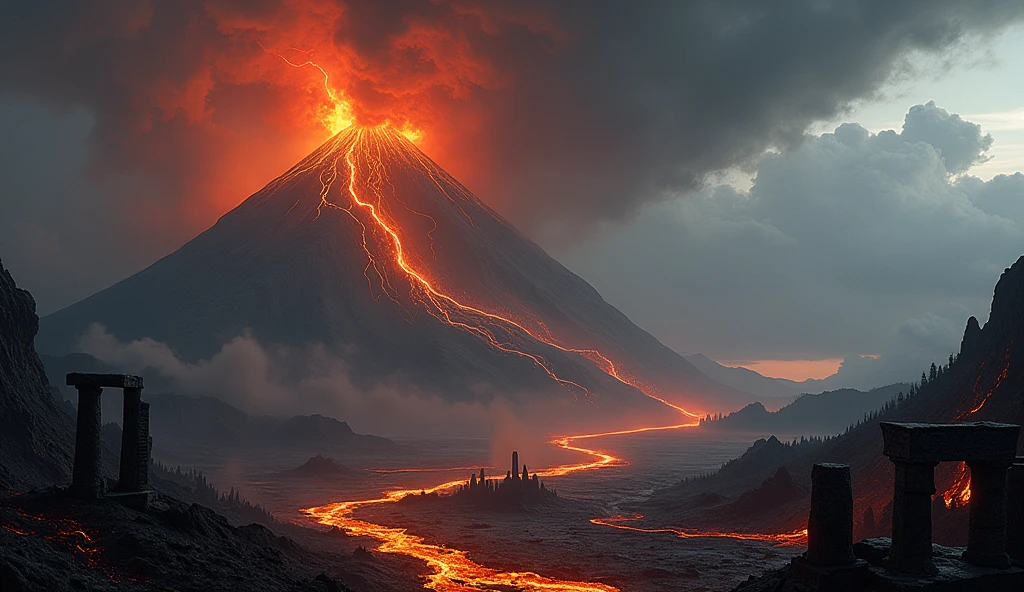 Un volcan gigantesque domine l'horizon, crachant des torrents de lave incandescente qui dévalent ses flancs en traînées rougeoyantes. Le ciel est obscurci par des nuages de cendres épaisses, qui tourbillonnent et se mêlent à la fumée noire, créant un voile sombre sur le monde en dessous. Des éclairs rouges et dorés éclatent dans ces nuages tourmentés, illuminant brièvement les alentours d'une lumière surnaturelle.
Au pied du volcan, la terre est fissurée et brûlée, marquée par les cicatrices des précédentes éruptions. Des rivières de lave serpentent à travers un paysage désolé, où autrefois se trouvait une forêt luxuriante. Les arbres, maintenant réduits à des silhouettes carbonisées, se dressent tels des spectres, témoins silencieux de la destruction. Parmi ces arbres morts, des geysers de vapeur s'échappent du sol, sifflant avec force, ajoutant une symphonie de sons inquiétants à l'ambiance déjà oppressante.
Près de la base du volcan, d'anciennes ruines sont à moitié ensevelies sous des couches de cendres. Les vestiges d'une civilisation disparue, peut-être anéantie par la fureur du volcan, se devinent à travers les débris : des colonnes brisées, des statues déformées par la chaleur, et des inscriptions effacées par le temps. Ces ruines racontent l'histoire d'une lutte contre les forces implacables de la nature, une bataille perdue depuis longtemps.
Le volcan, toujours actif, semble murmurer des récits anciens de puissance et de terreur. Chaque éruption est comme une voix venant du passé, rappelant la fragilité de la vie face à la force brute de la nature. L'ensemble du décor est empreint d'une atmosphère lourde de mystère et de mélancolie, où chaque élément raconte l'histoire d'un monde en perpétuelle transformation, sculpté par le feu et la cendre.