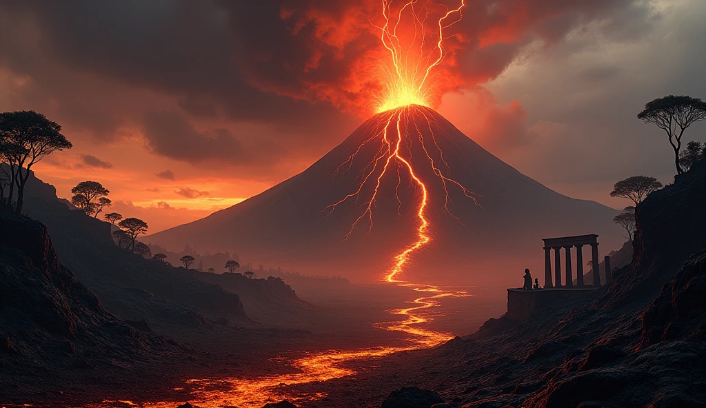 Un volcan gigantesque domine l'horizon, crachant des torrents de lave incandescente qui dévalent ses flancs en traînées rougeoyantes. Le ciel est obscurci par des nuages de cendres épaisses, qui tourbillonnent et se mêlent à la fumée noire, créant un voile sombre sur le monde en dessous. Des éclairs rouges et dorés éclatent dans ces nuages tourmentés, illuminant brièvement les alentours d'une lumière surnaturelle.
Au pied du volcan, la terre est fissurée et brûlée, marquée par les cicatrices des précédentes éruptions. Des rivières de lave serpentent à travers un paysage désolé, où autrefois se trouvait une forêt luxuriante. Les arbres, maintenant réduits à des silhouettes carbonisées, se dressent tels des spectres, témoins silencieux de la destruction. Parmi ces arbres morts, des geysers de vapeur s'échappent du sol, sifflant avec force, ajoutant une symphonie de sons inquiétants à l'ambiance déjà oppressante.
Près de la base du volcan, d'anciennes ruines sont à moitié ensevelies sous des couches de cendres. Les vestiges d'une civilisation disparue, peut-être anéantie par la fureur du volcan, se devinent à travers les débris : des colonnes brisées, des statues déformées par la chaleur, et des inscriptions effacées par le temps. Ces ruines racontent l'histoire d'une lutte contre les forces implacables de la nature, une bataille perdue depuis longtemps.
Le volcan, toujours actif, semble murmurer des récits anciens de puissance et de terreur. Chaque éruption est comme une voix venant du passé, rappelant la fragilité de la vie face à la force brute de la nature. L'ensemble du décor est empreint d'une atmosphère lourde de mystère et de mélancolie, où chaque élément raconte l'histoire d'un monde en perpétuelle transformation, sculpté par le feu et la cendre.