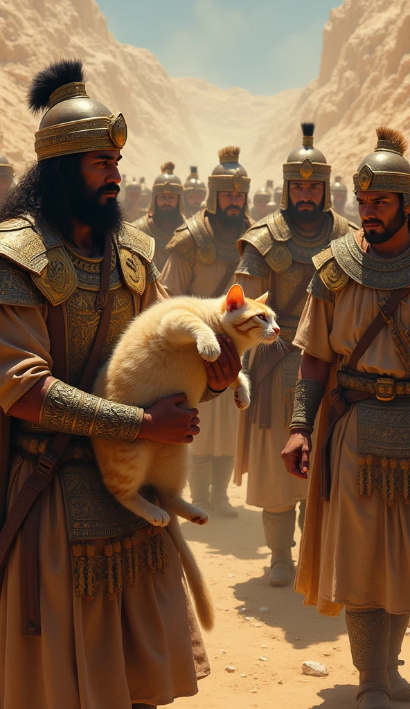 A close-up of Persian soldiers at Pelusium, carefully holding sacred cats as they advance towards the Egyptian lines. The tension in the Egyptian soldiers' faces is palpable as they grapple with their religious beliefs."