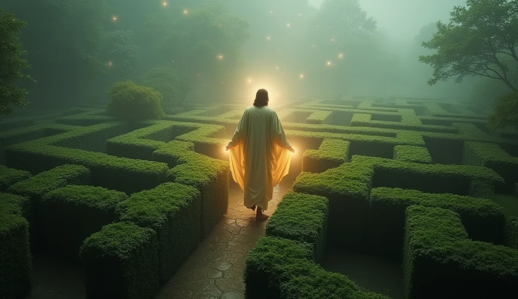 Jesus guiding a person through a maze, representing the complex paths of professional life, a white light shines emanating from Jesus Christ who is wearing a beige cloak on his head, and small lights fly over the entire scene, a beautiful image that will impress in an environment with concert foliage fly over the scene in a misty environment