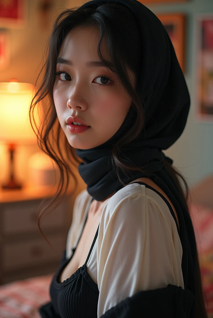A 1 asian girl with striking beauty, wearing a black hijab and a white crop top paired with a black mini skirt. She is taking a close-up selfie in her room, with her face almost touching the screen. The close proximity highlights her youthful features and the subtle details of her outfit. Her room has a cozy and personalized touch, adding to the vibrant and lively atmosphere of the illustration.