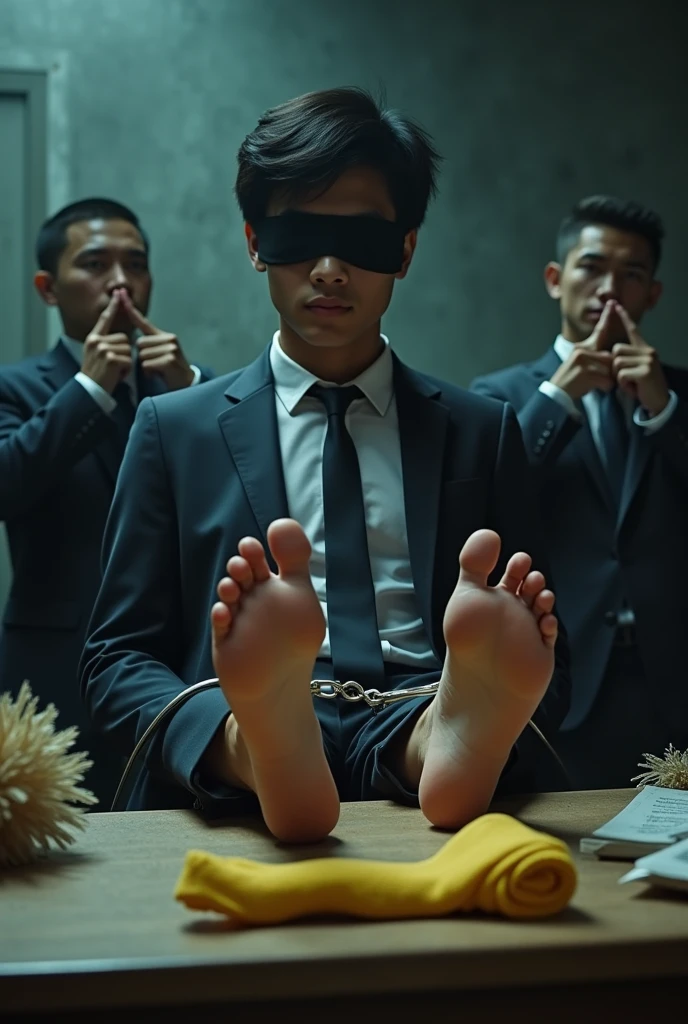 Malaysia malay handsome  19years  student 
He fainted
Smelly feet
His hand handcuff in  abondon warehouse 
Blindfolded
handcuff
Formal Outfit 
Focus sweaty hot feet on desk
feather duster on desk
Dirty Yellow sock on desk
2 mafia pinch nose
His feet smelly