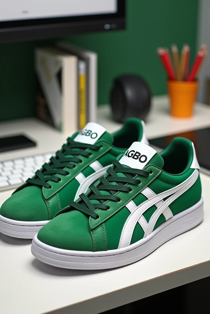 Green and white sneakers on the desk.brand name agbo mentioned 